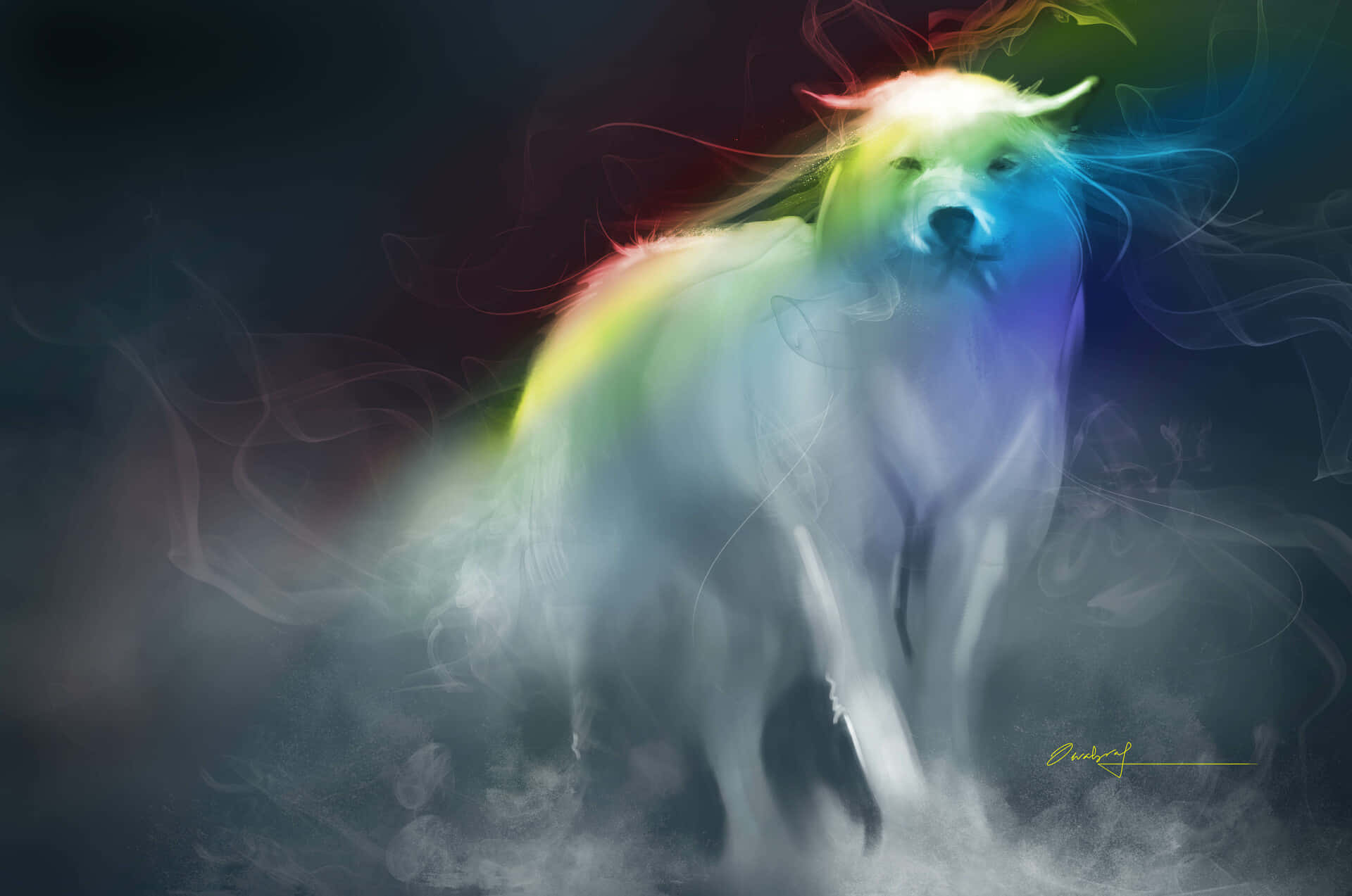 A majestic rainbow wolf standing in a surreal icy wonderland Wallpaper