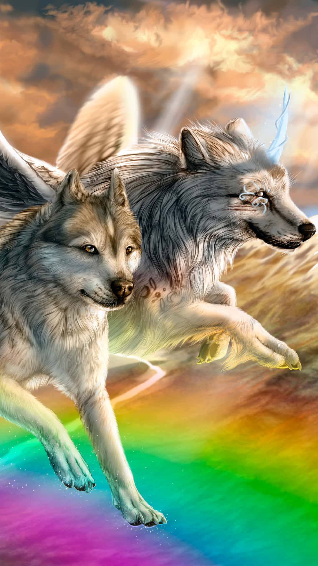 Rainbow Wolf Running With Another Wallpaper