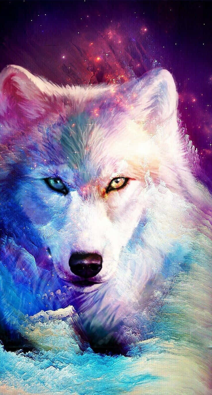 Et maleri af en ulv med farverige øjne Wallpaper