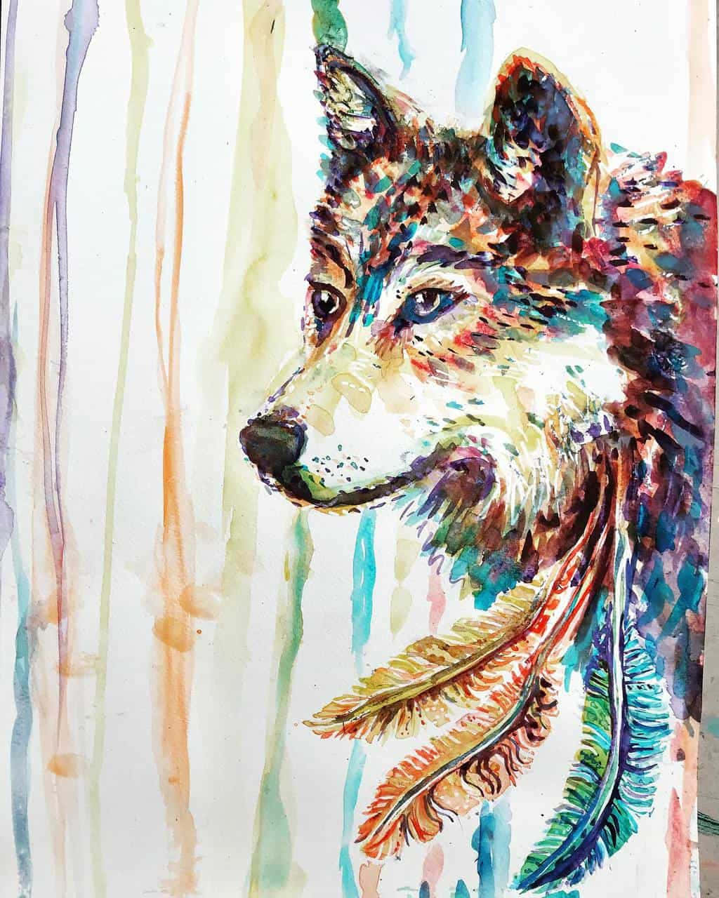 Rainbow Wolf With Feathers Wallpaper
