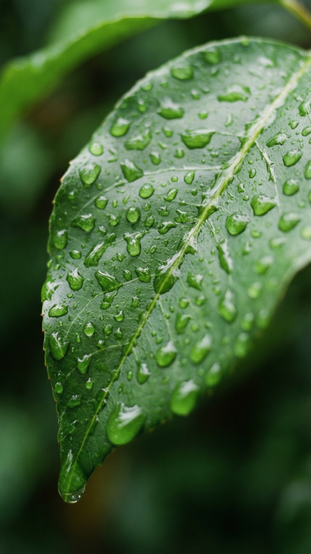 Een macro-opname van een groen blad met regendruppels, dauwfris en fris voor Pixel 9a achtergrond.