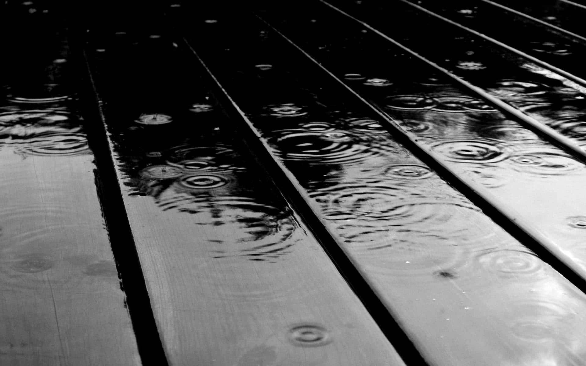 Raindrops_on_ Wooden_ Deck_ B W Wallpaper