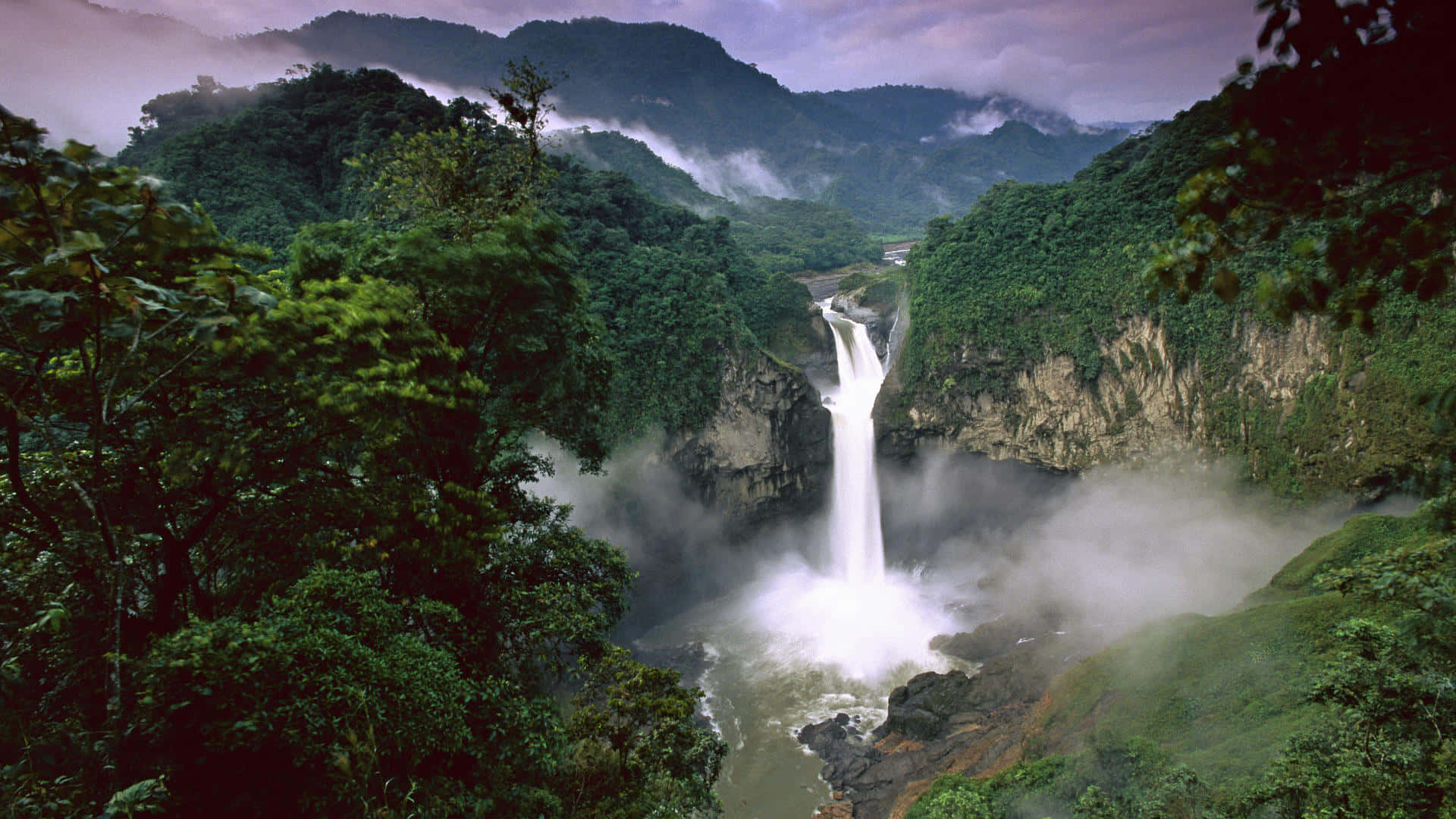 A Waterfall In A Jungle With Trees And A Lot Of Greenery