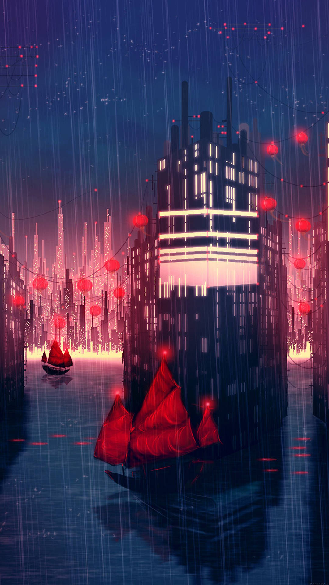 Rainy City In Anime Smartphone Background Wallpaper