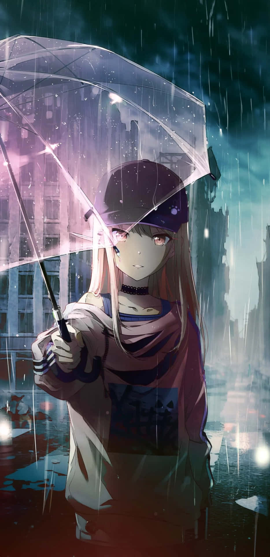 Rainy Cityscape Anime Girl Umbrella.jpg Wallpaper
