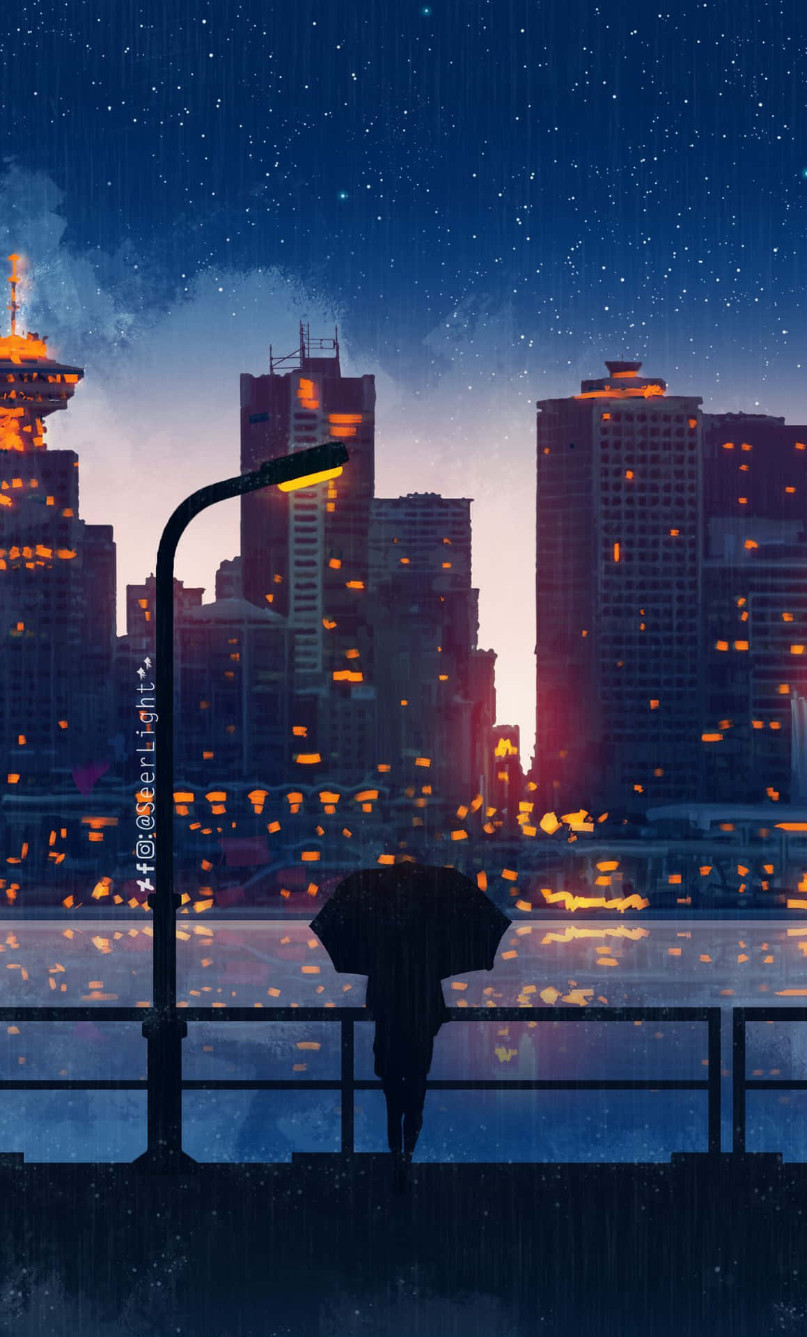 Rainy Cityscape Umbrella Anime Aesthetic.jpg Wallpaper
