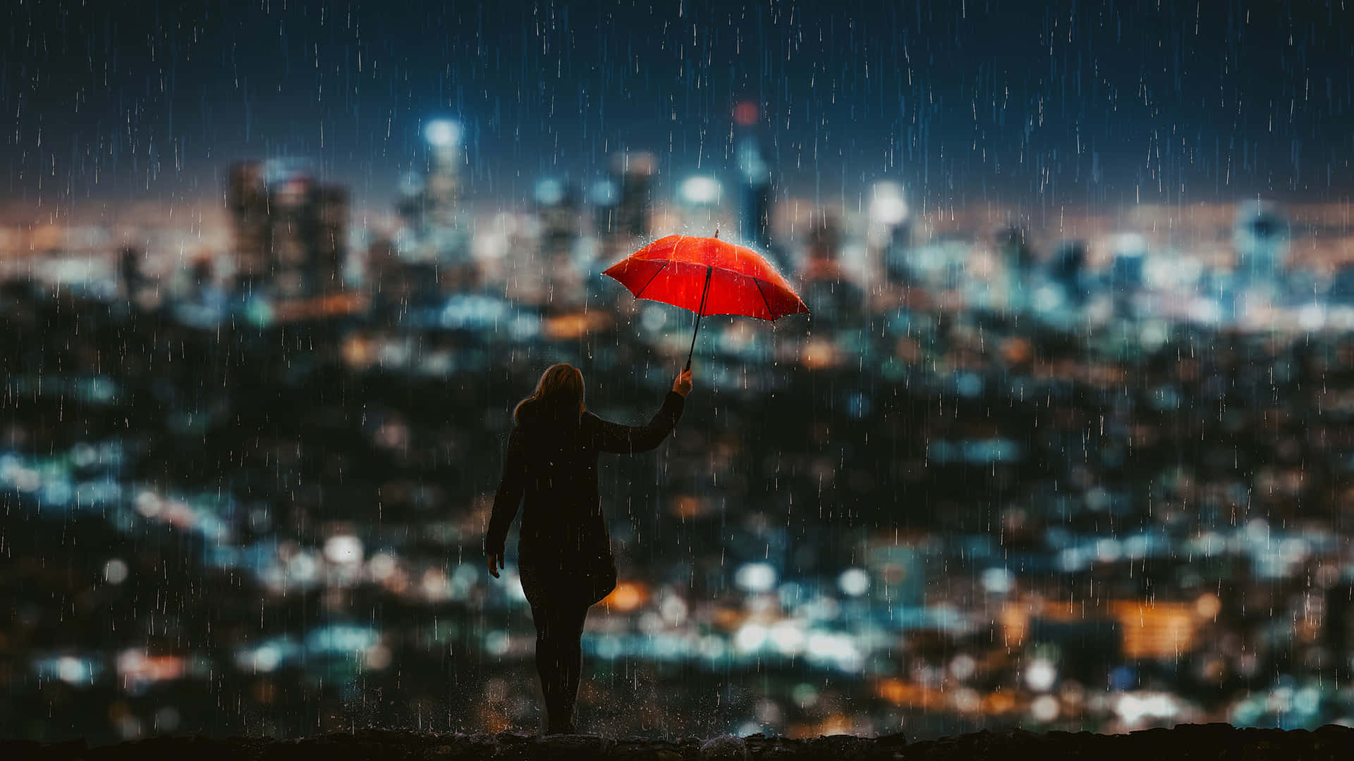 Rainy Cityscape Umbrella Moment.jpg Wallpaper