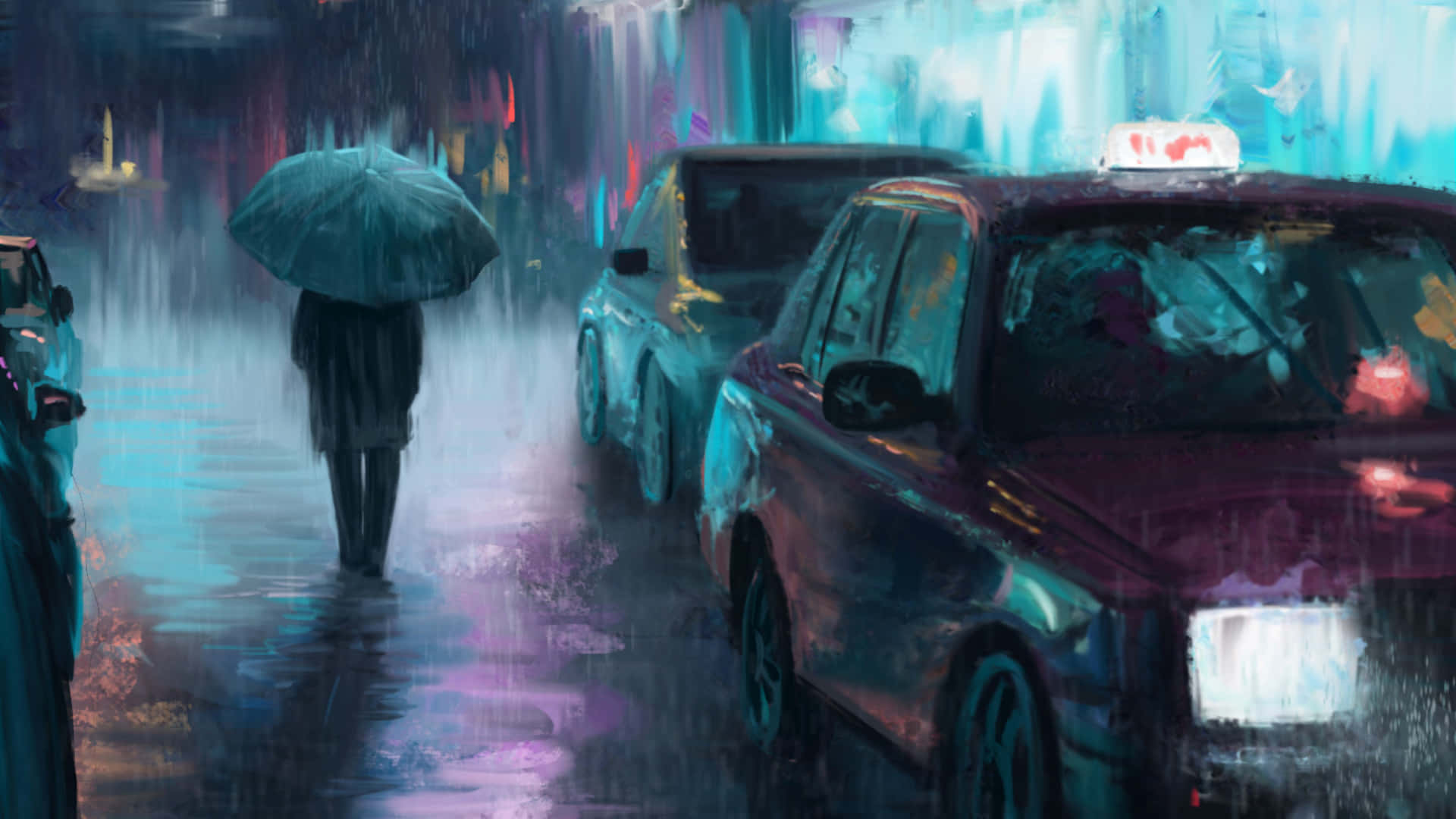 Rainy Cityscape Umbrella Walk Wallpaper