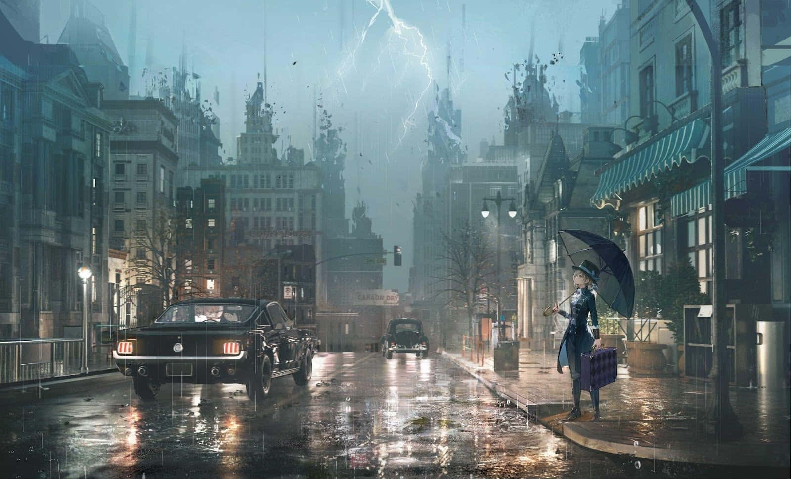 Rainy Cityscapewith Lightningand Womanwith Umbrella.jpg Wallpaper