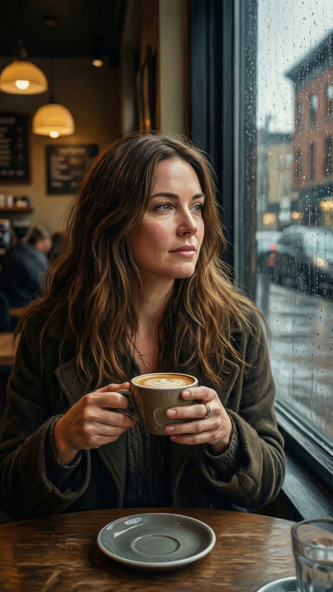Betty Brant nyter et stille øyeblikk på en kaffebar en regnværsdag