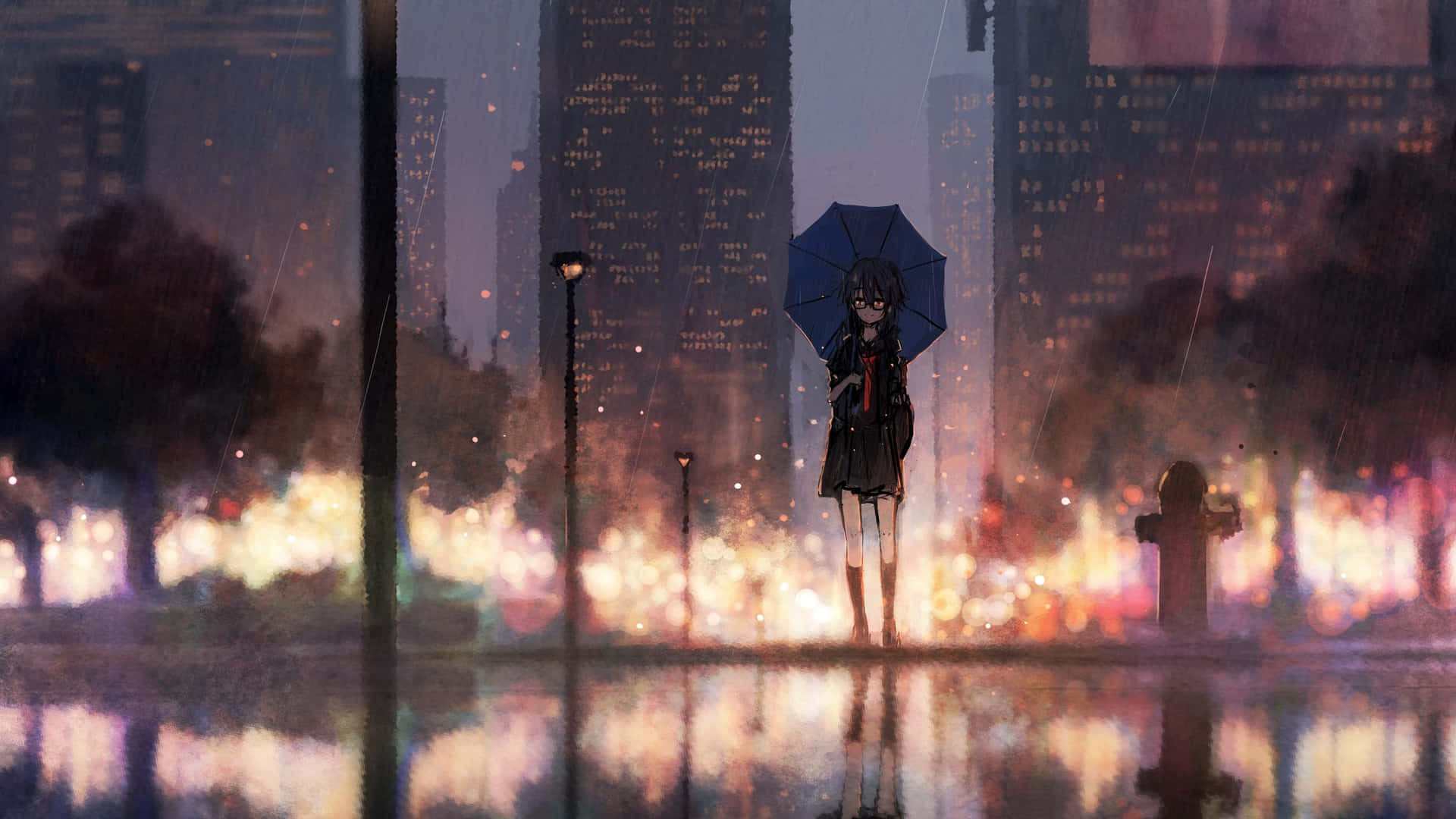 Animepige Med En Paraply På En Regnfuld Dag-baggrund.