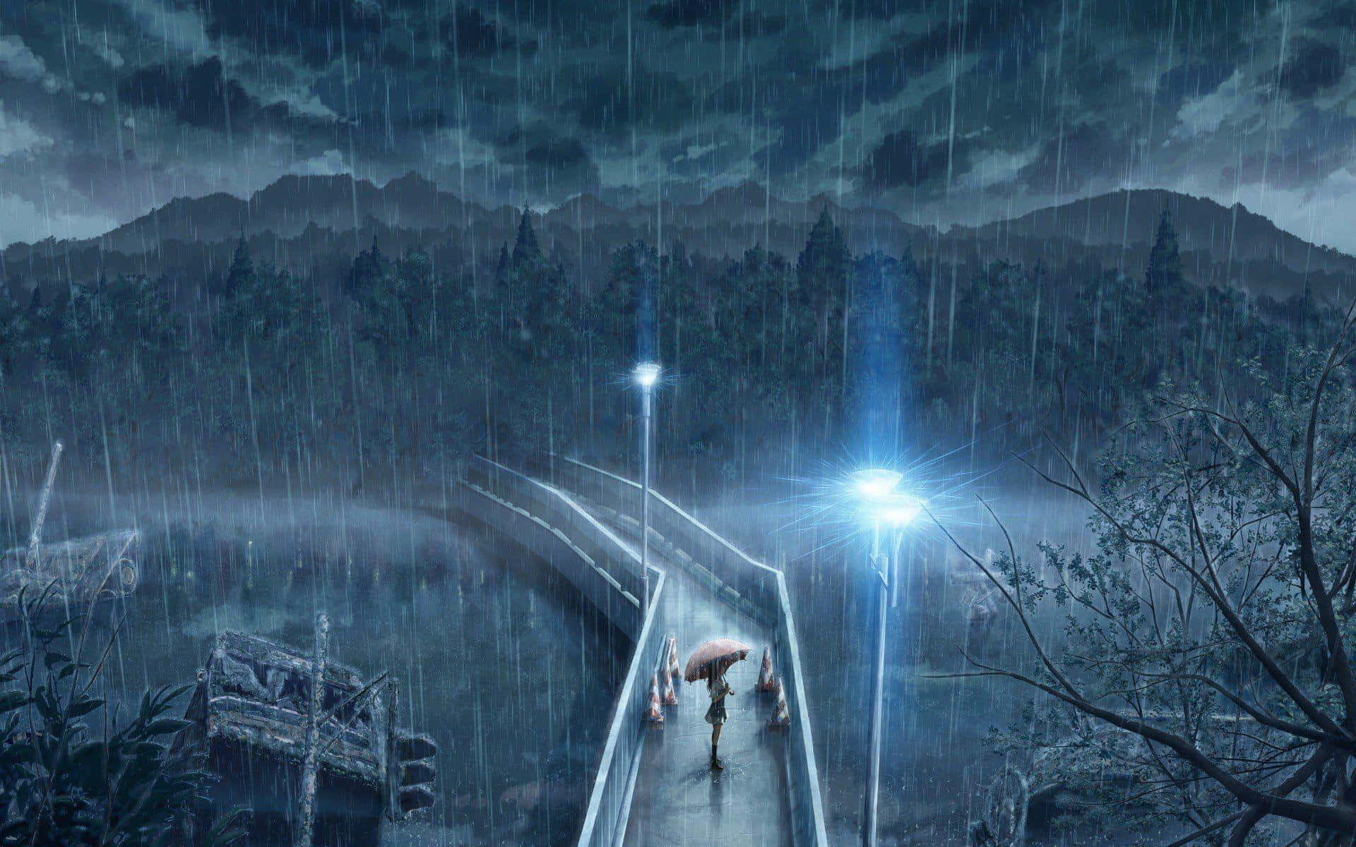 Animekunstwerk Einer Brücke An Einem Regnerischen Tagfoto