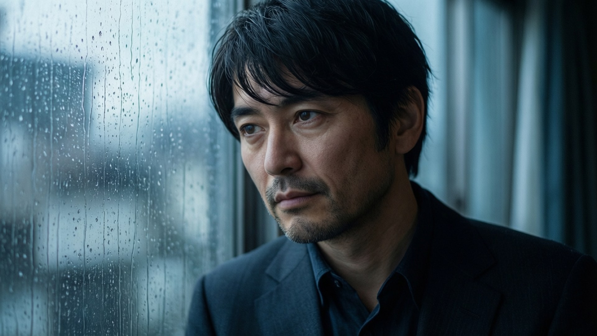 Tomohiro Nagatsuka i en eftertænksom positur ved et vindue i regnen