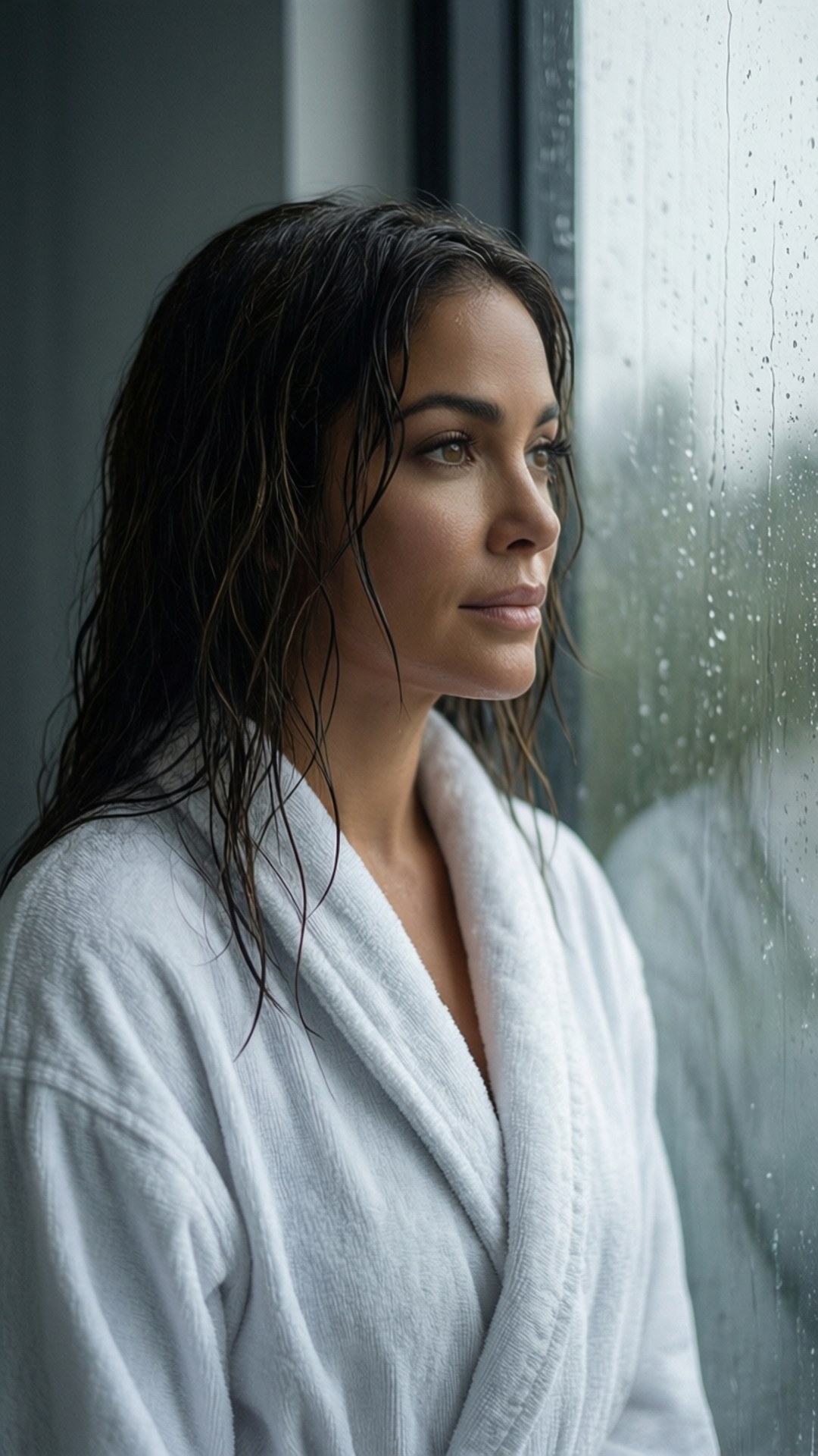 Lea Michele i badekåpe ser ut av regnvinduet