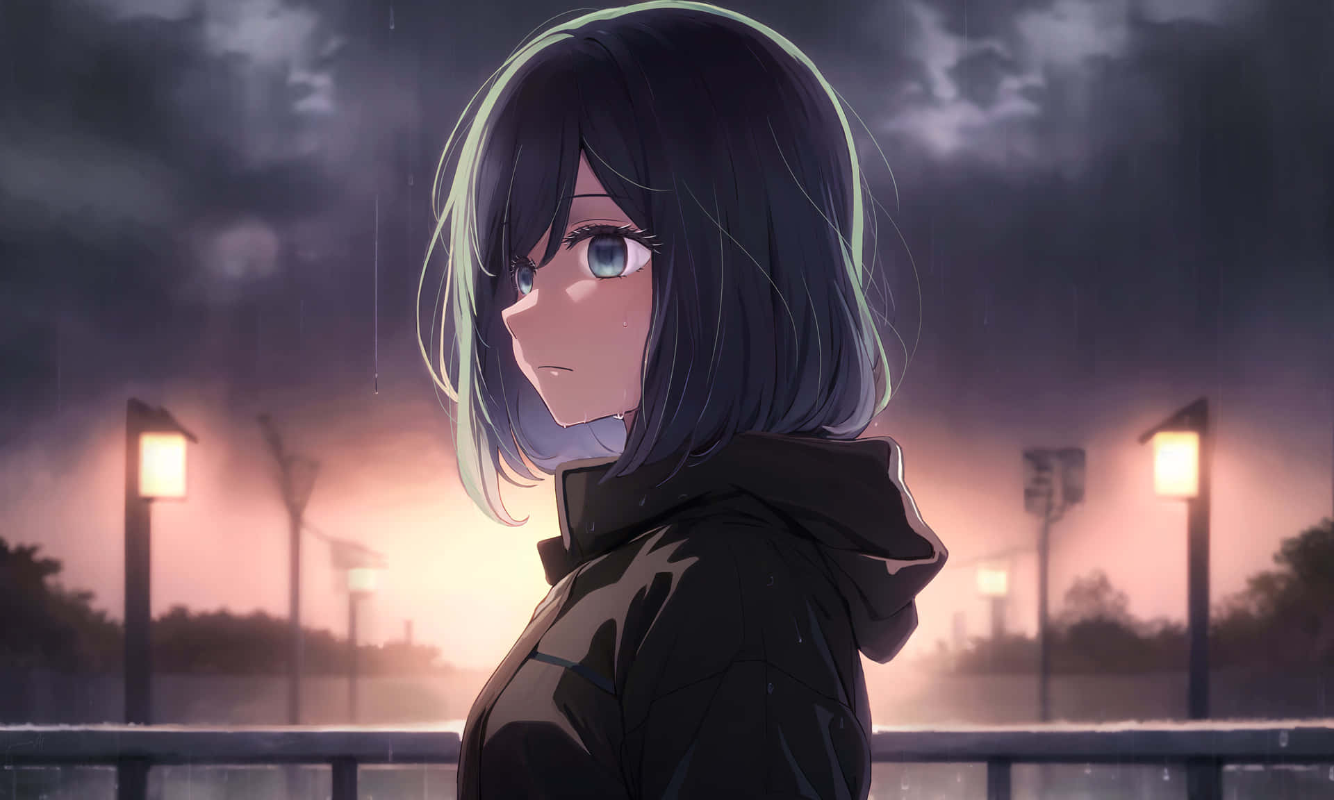 Rainy Dusk Anime Girl Glance Wallpaper