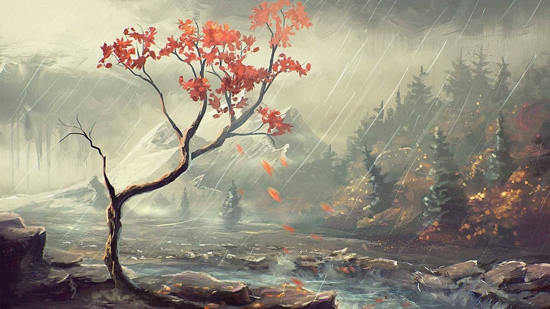 Rainy Forest Paint Art Wallpaper