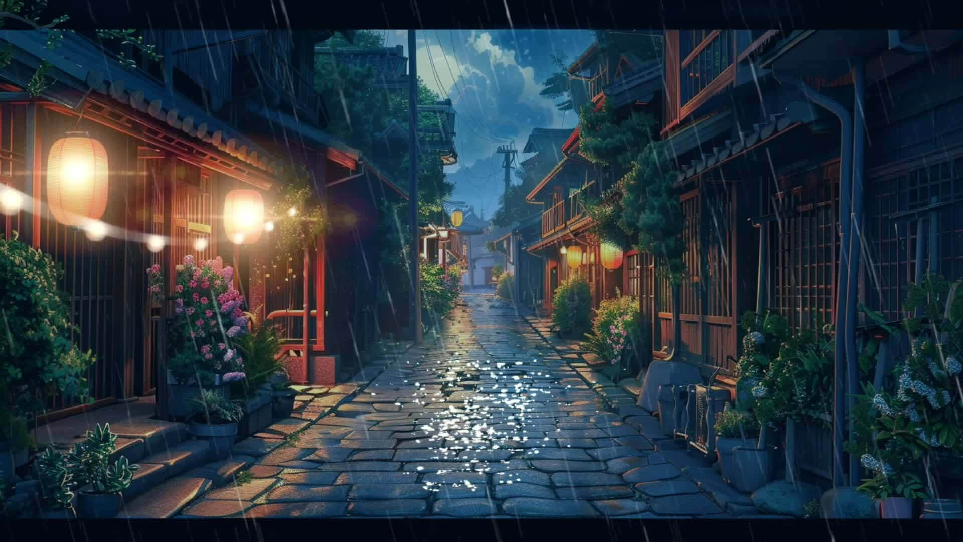 Rainy Night Anime Street Wallpaper