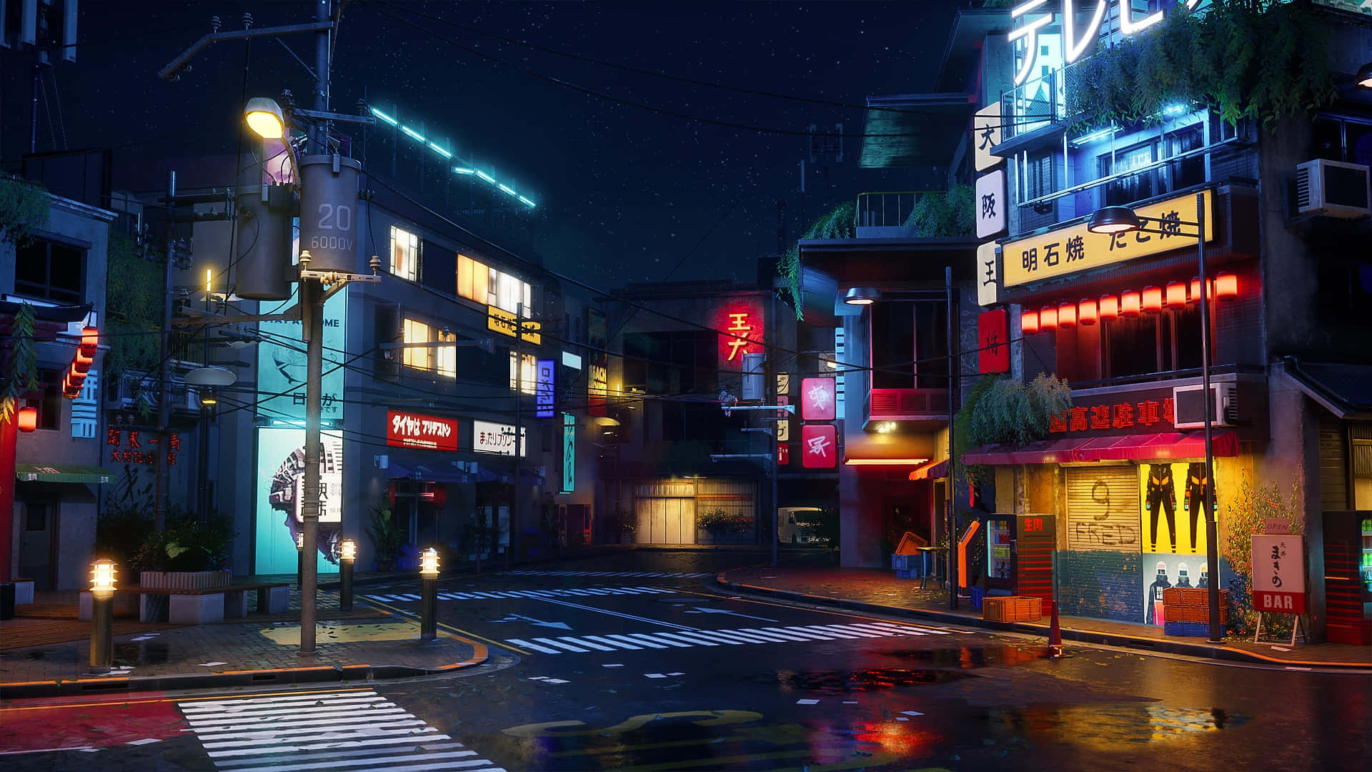 Rainy Night Anime Street Scene Wallpaper