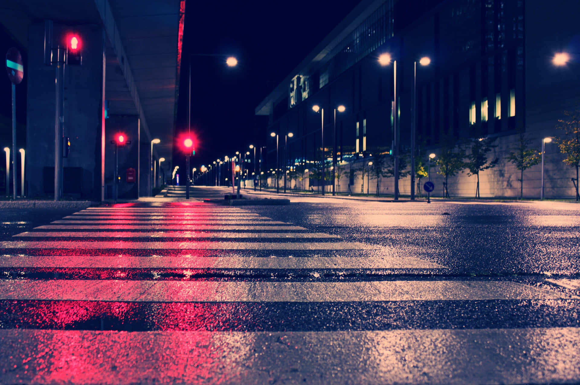 Rainy Night City Street Crosswalk Wallpaper