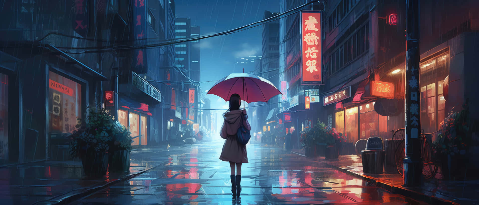 Rainy Night Cityscapewith Umbrella Wallpaper