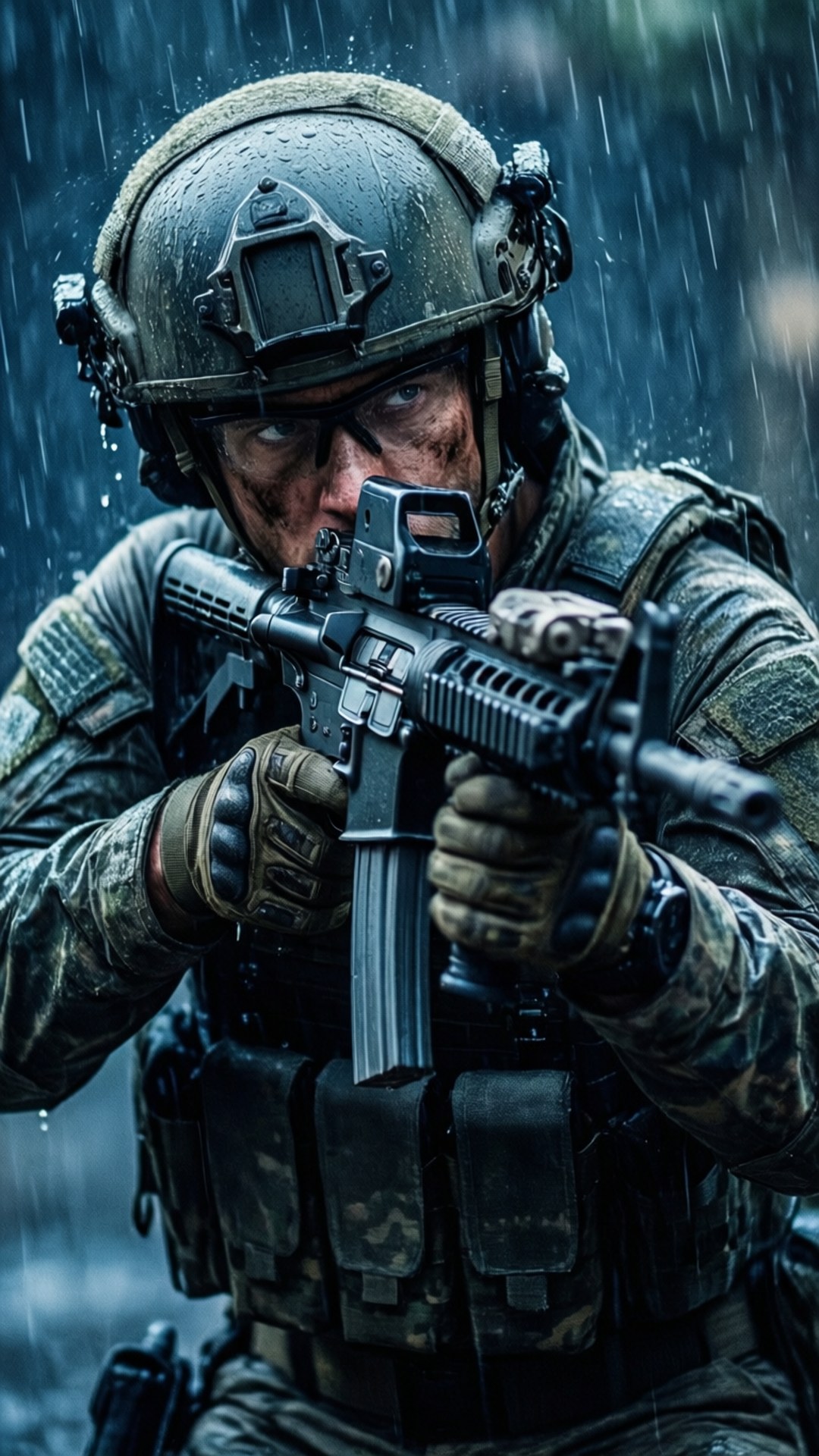Wallpaper of a soldier in the rain, ready for action.