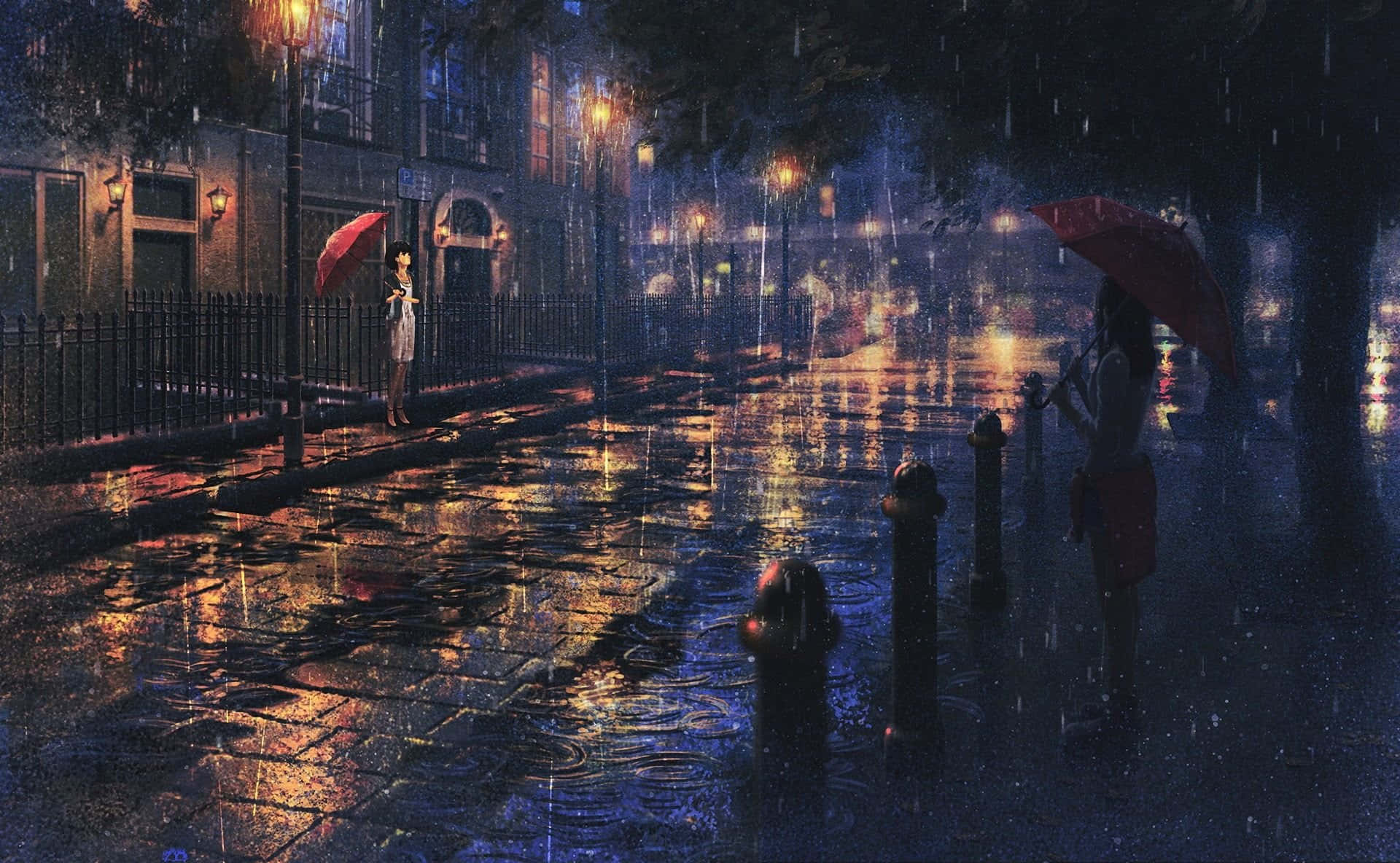 Rainy Night Umbrella Glow Anime Street Wallpaper