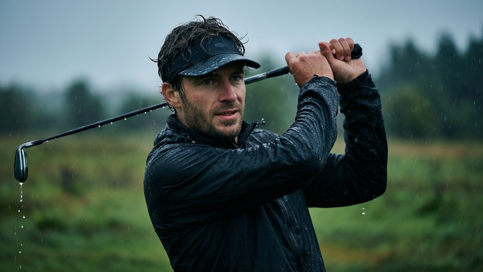 Stemningsfullt bilde av Emiliano Grillo som spiller golf i regnet.
