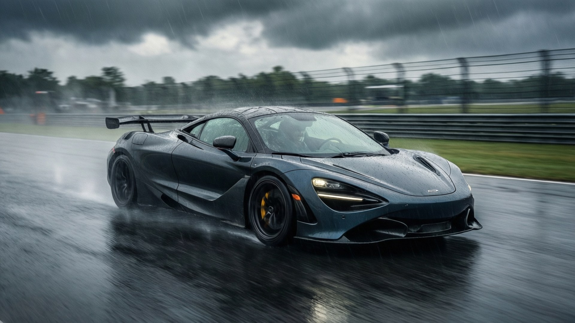 McLaren 620R suser på våt bane med regn og vannsprut