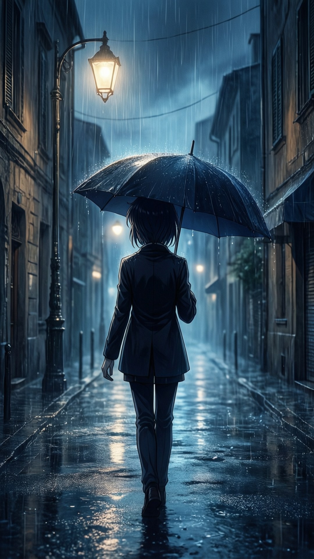 Narancia Ghirga walking away in the rain, silhouette under streetlamp.