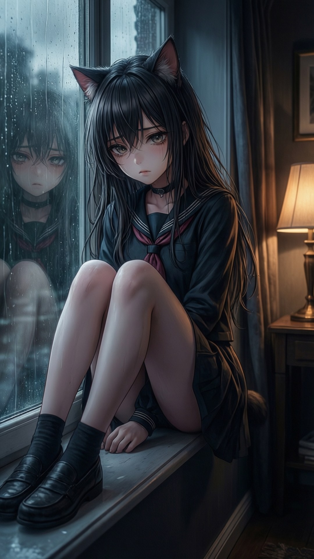 Anime kattenmeisje zit bij een raam op een regenachtige dag.