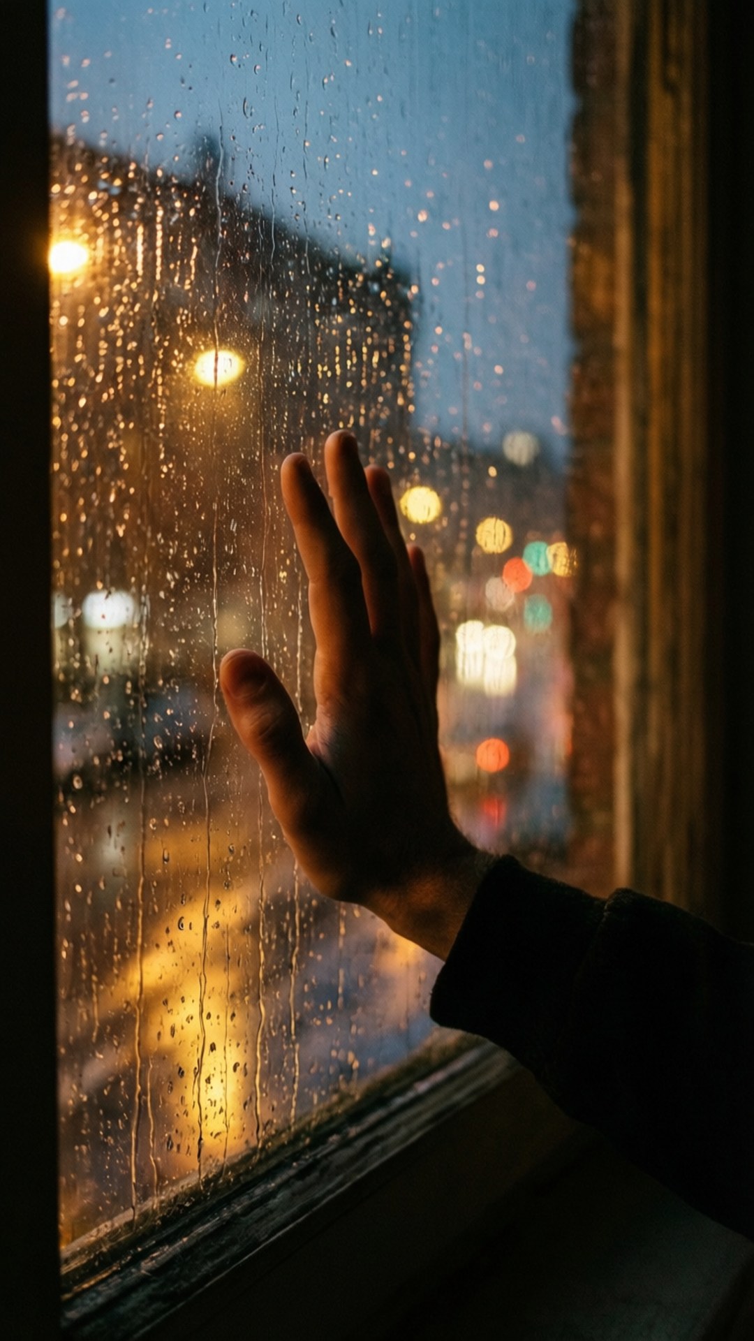A rainy window with a hand pressing against it, capturing the loneliness of depression