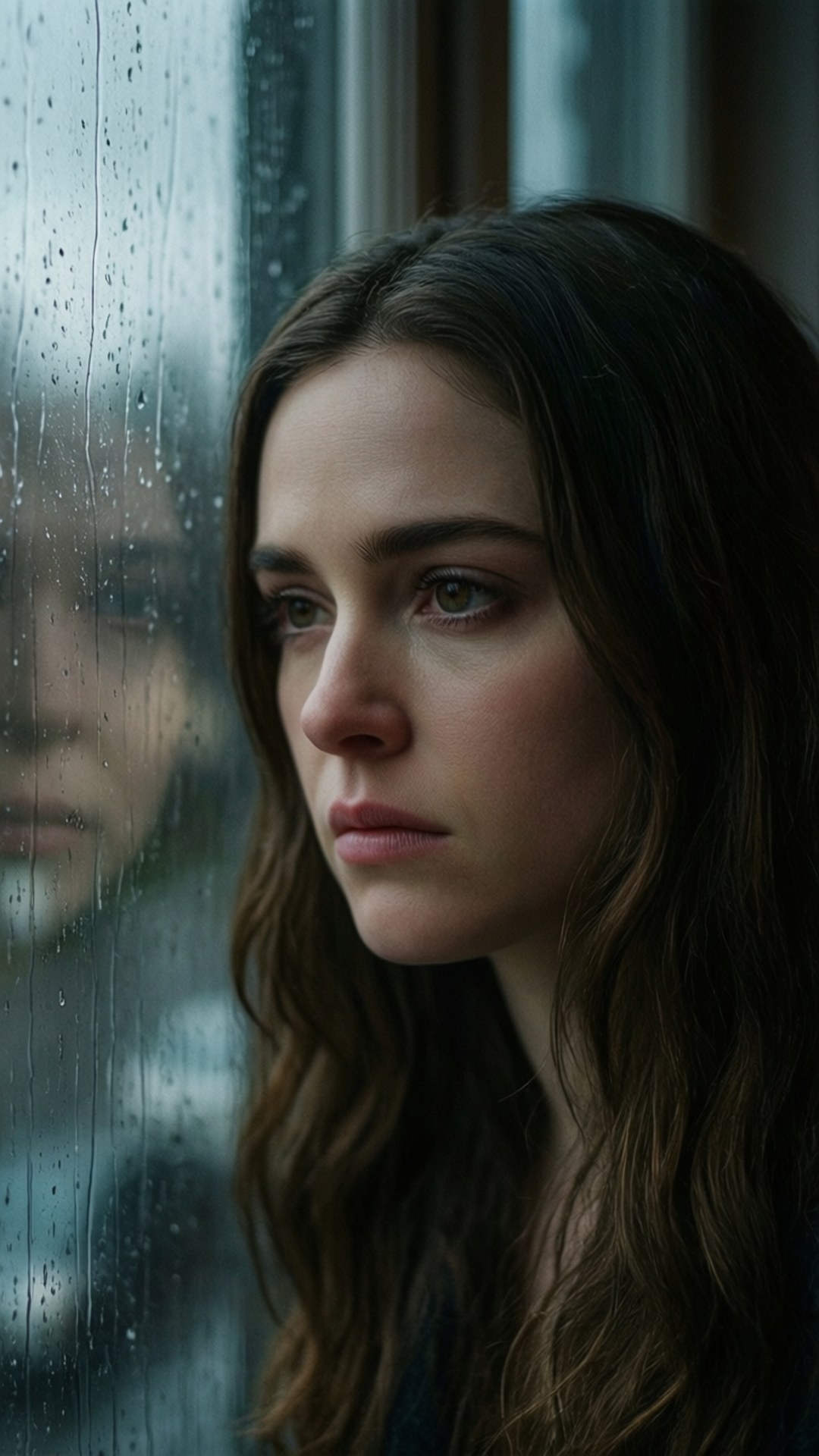 Regenfenster-Reflexion Hintergrundbilder — Kiernan Shipka an einem regnerischen Fenster
