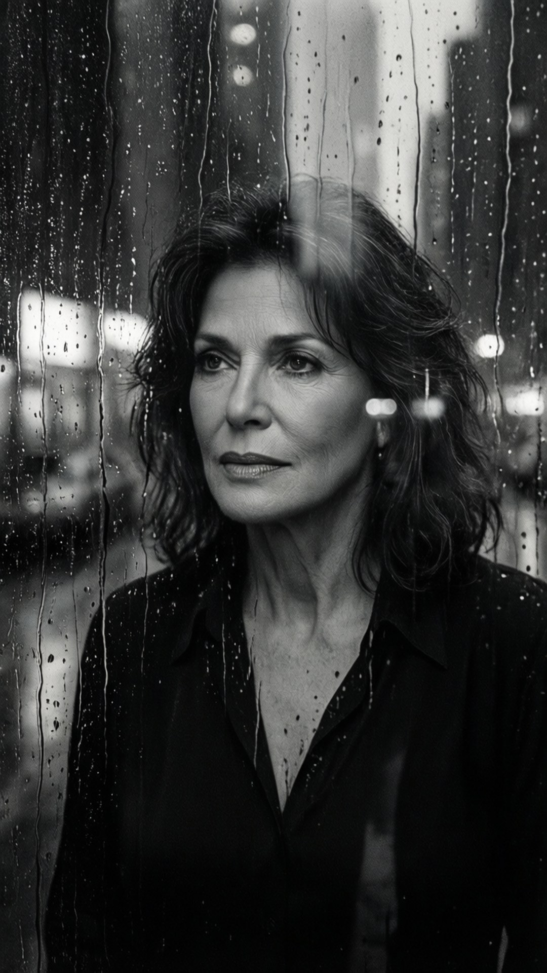 Linda Fiorentino met een melancholische uitdrukking gezien door een met regenstrepen bedekt raam.