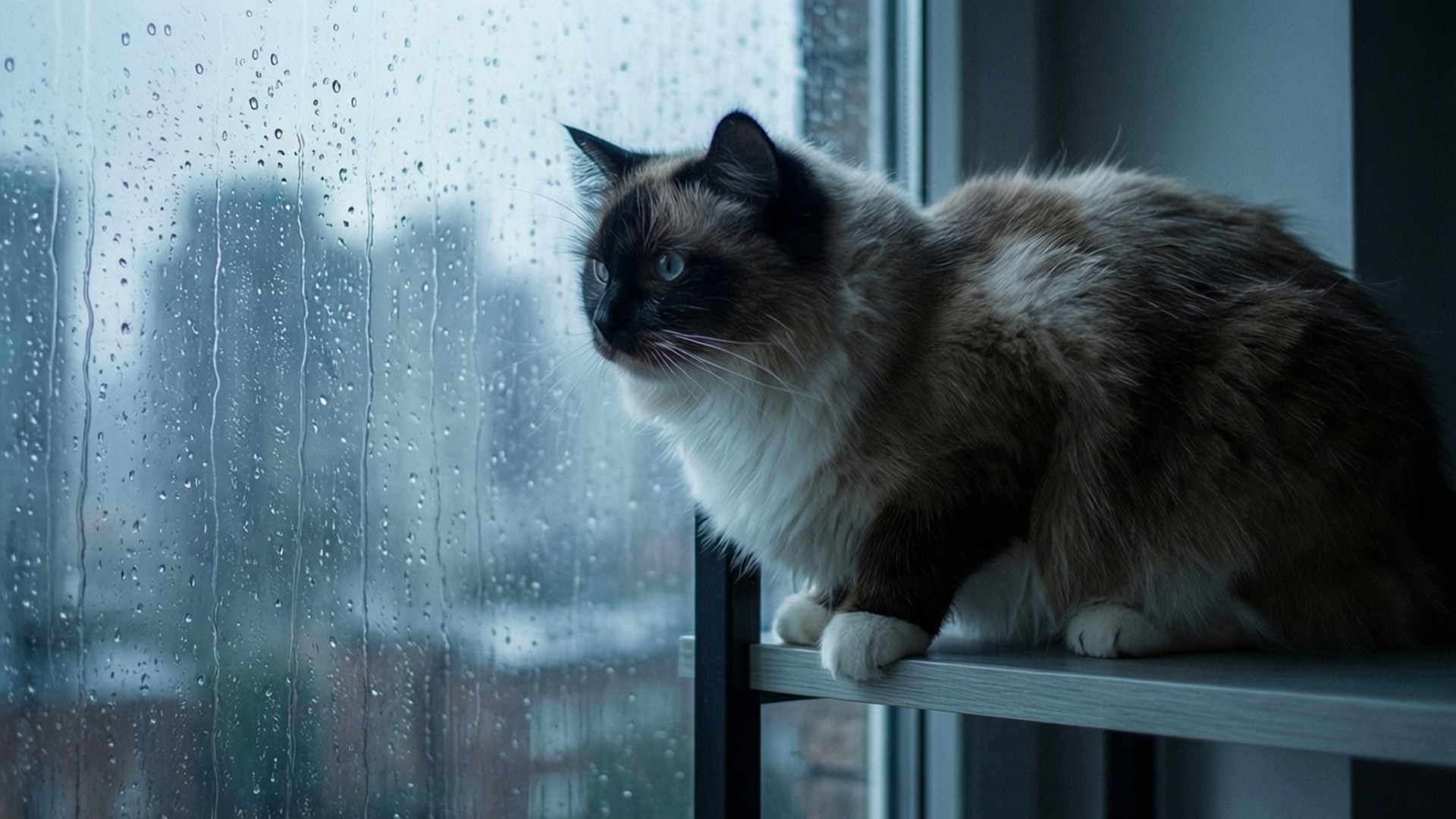 A Ragdoll cat observing a rainy city from a high window perch.