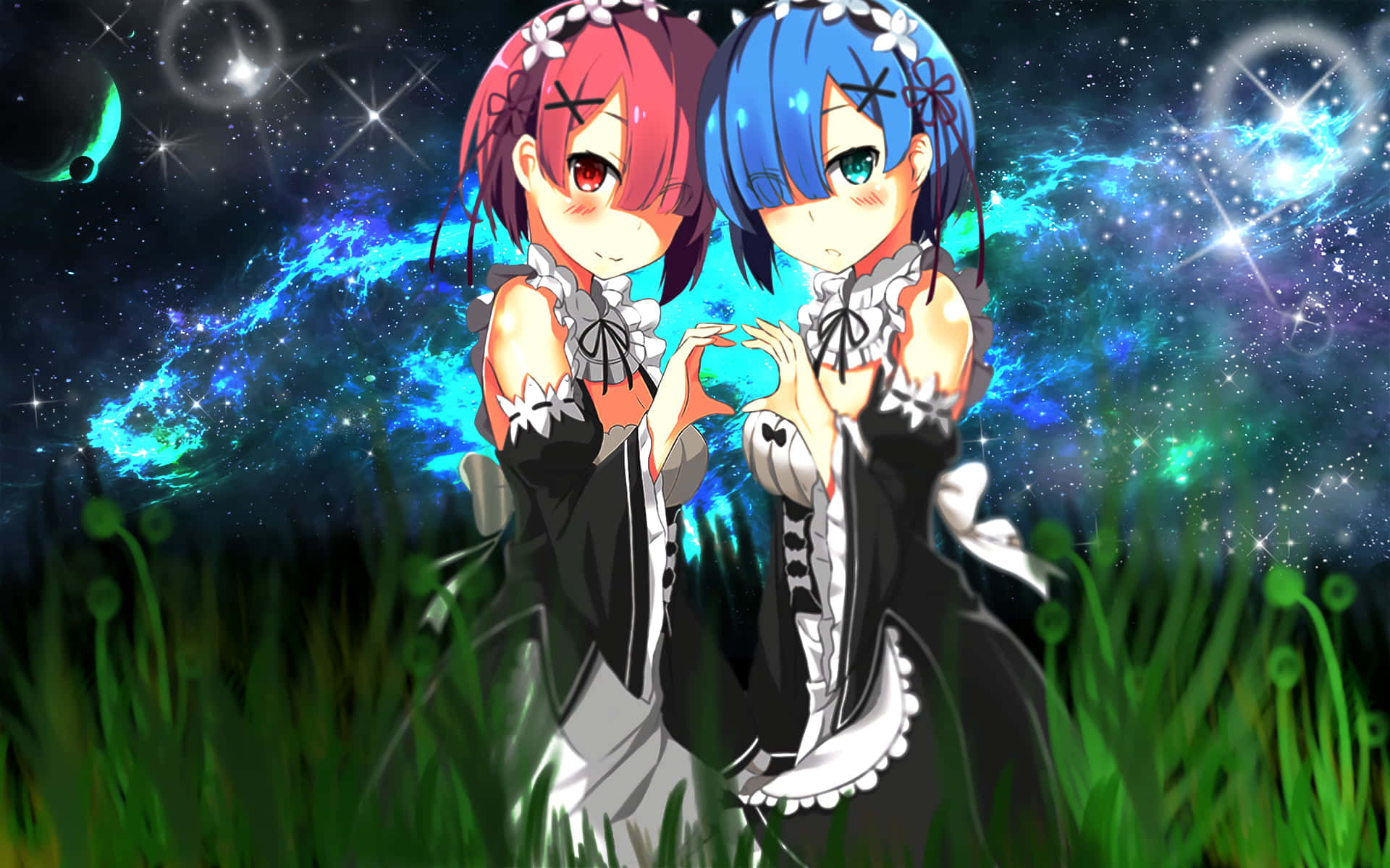 Two Anime Girls In A Field With Stars In The Background Wallpaper