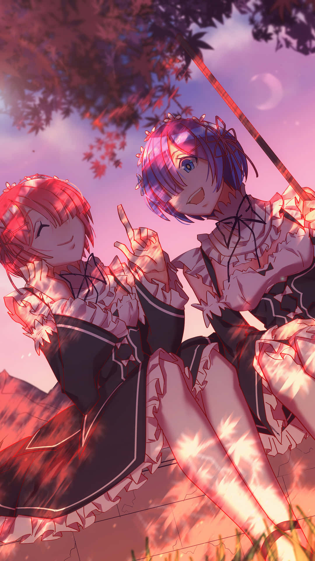 Two Anime Girls Sitting On A Hill With A Tree In The Background Wallpaper