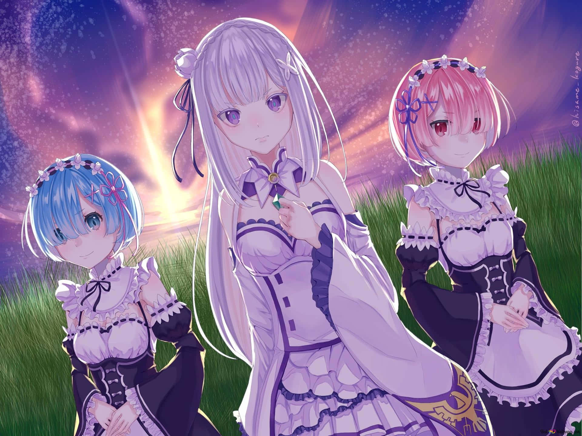 Three Anime Girls Standing In A Field With A Starry Sky Wallpaper