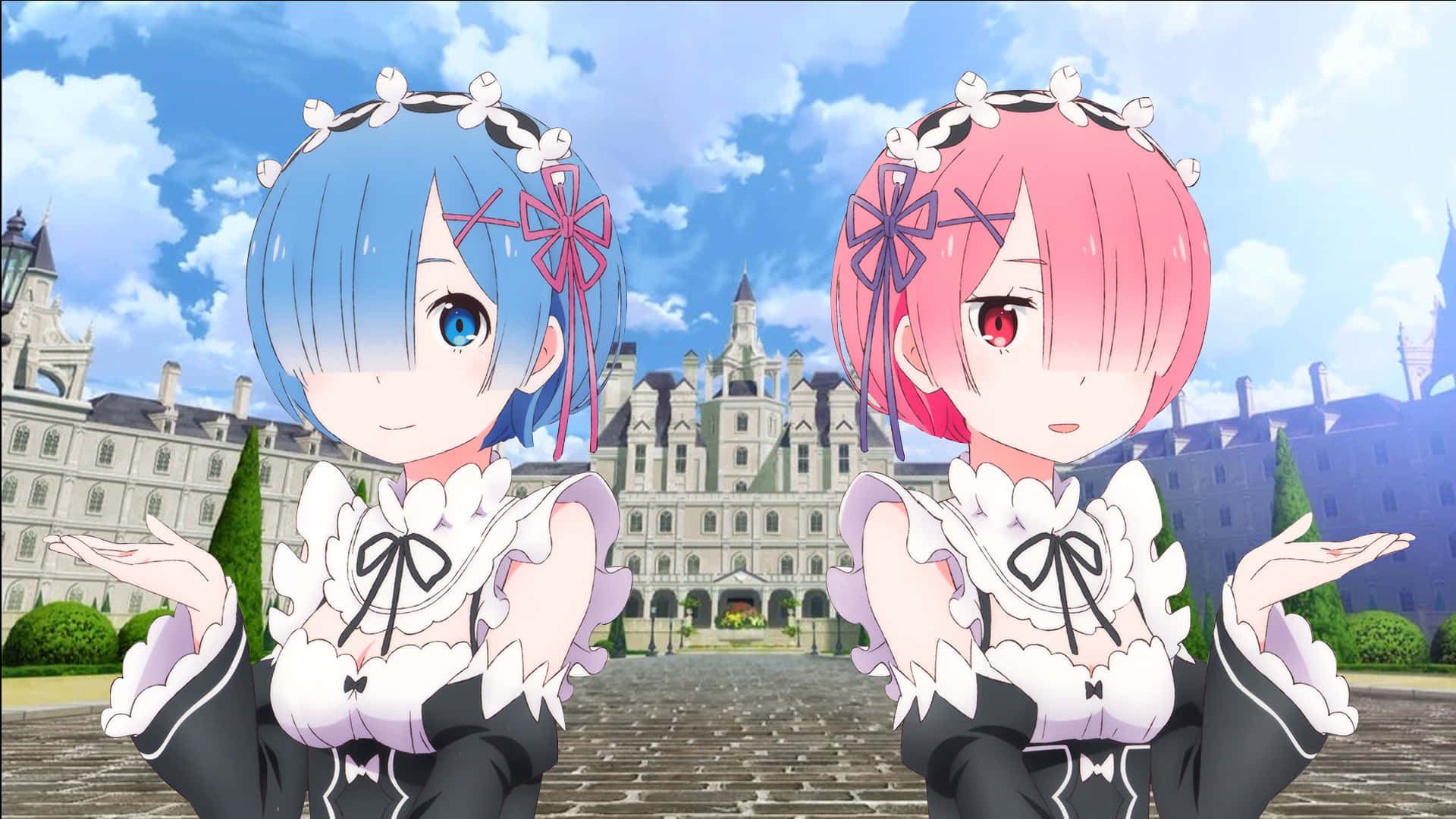 Doschicas De Anime Con Cabello Azul Y Rosa Paradas Frente A Un Castillo Fondo de pantalla