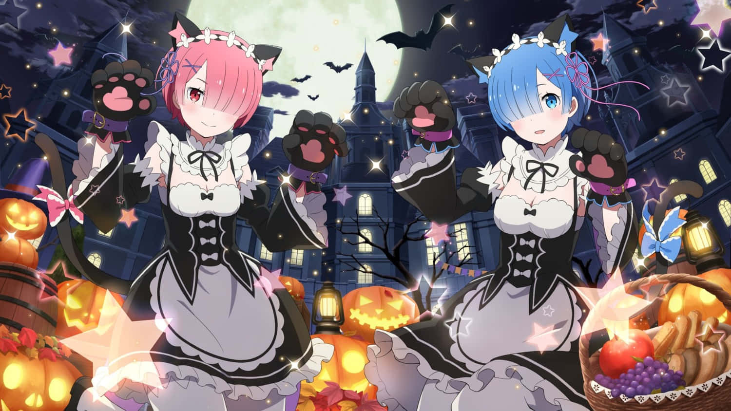Two Anime Girls In Costumes With Pumpkins In The Background Wallpaper