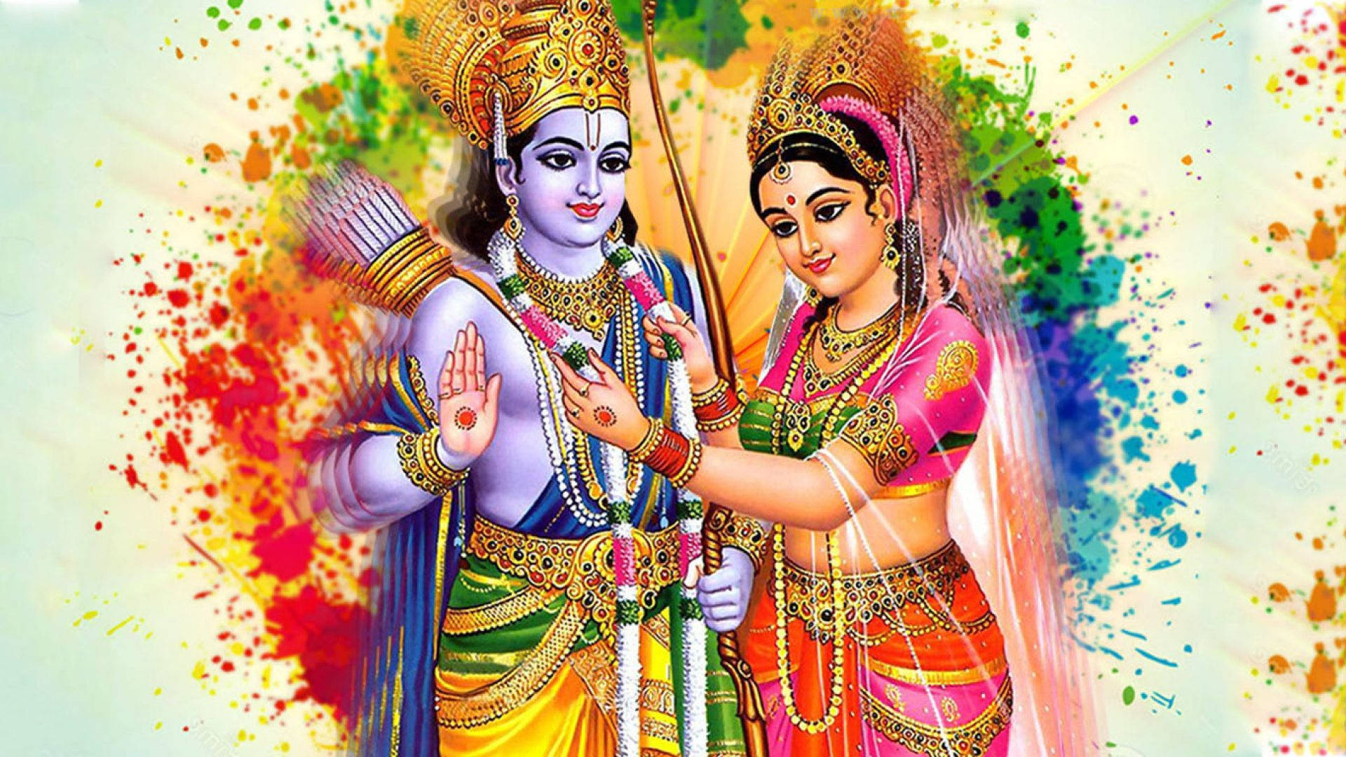"Divine Union - Colorfully Painted Art of Ram and Sita" Wallpaper