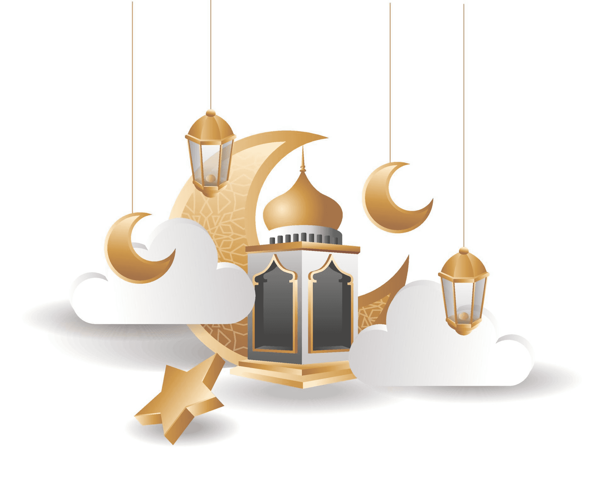 Celebrating The Holy Month Of Ramadan Background — Golden crescent moons and lanterns hang amidst fluffy clouds and a star around a mosque dome illustration.