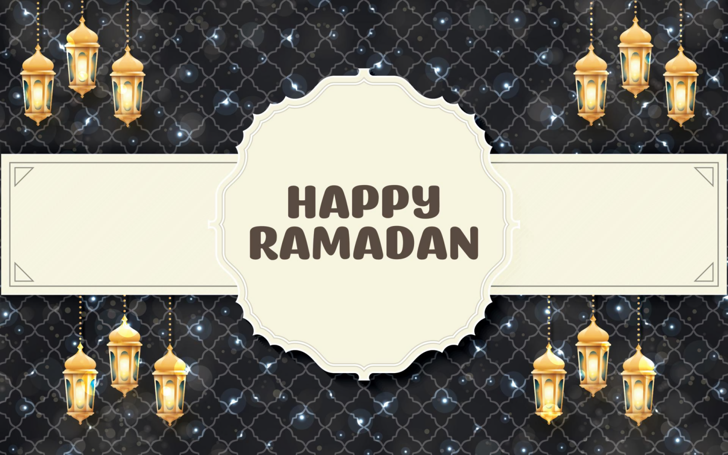 Happy Ramadan Greeting Card With Golden Lanterns