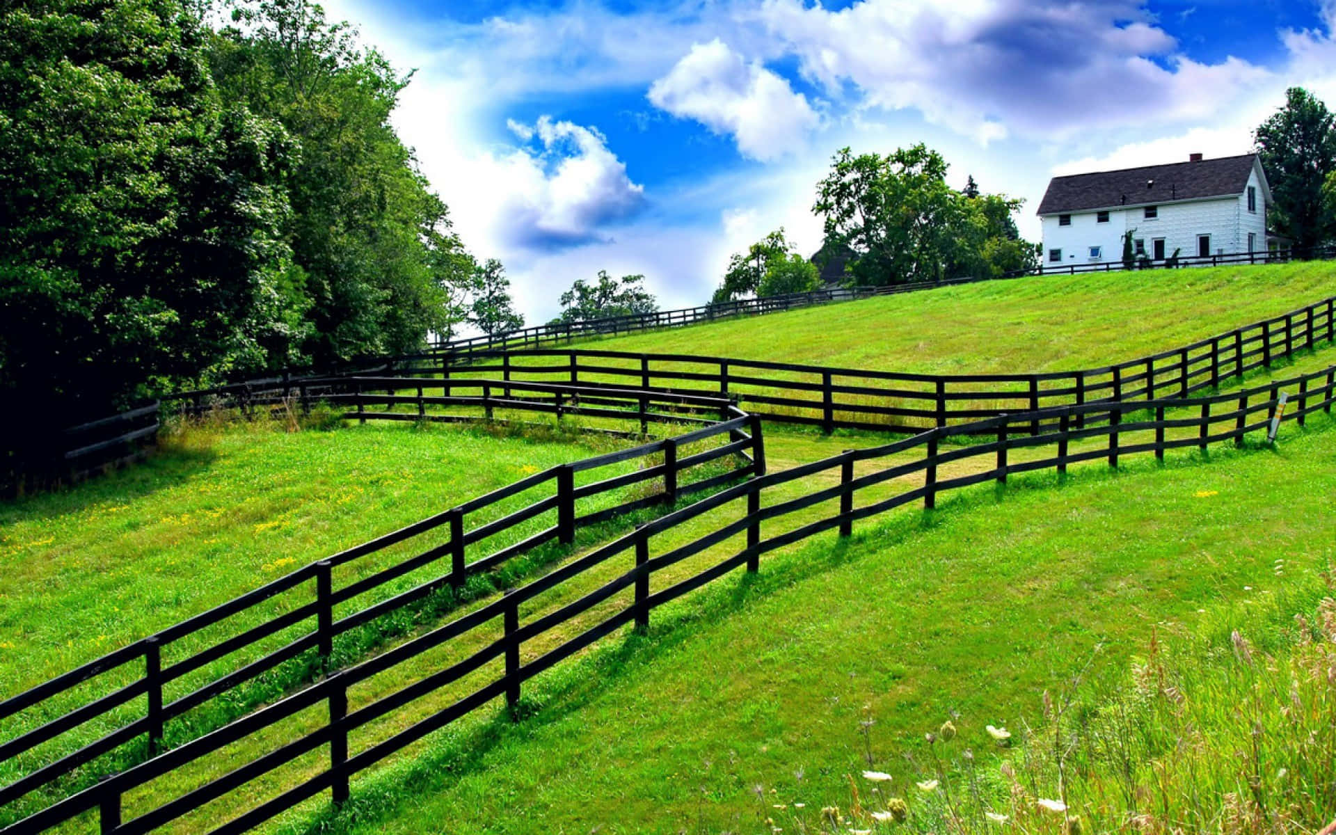 A picturesque view of a ranch located in the countryside. Wallpaper