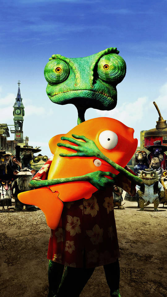 Rango Holding Fish And Other Characters Wallpaper