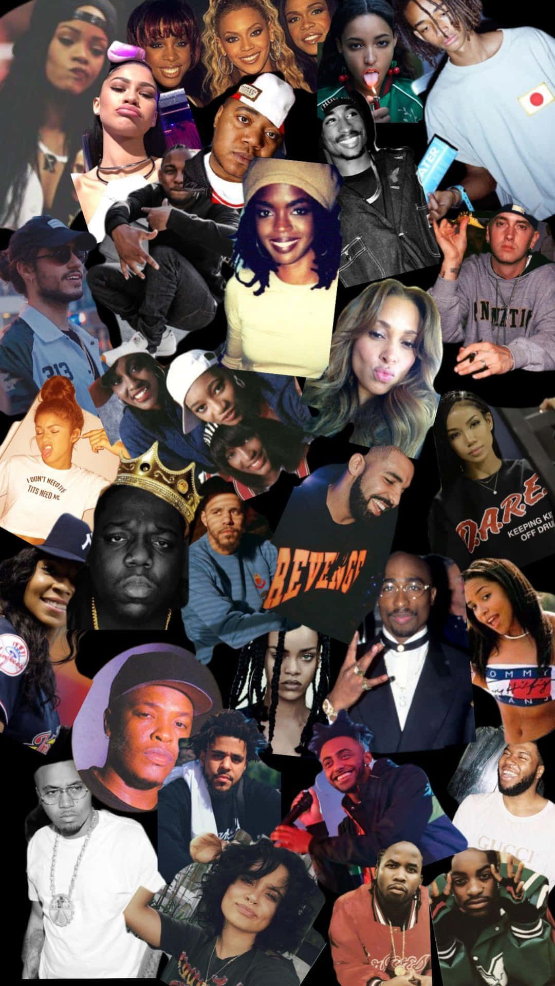 Rap Collage af Tupac, Nas og Eminem Wallpaper