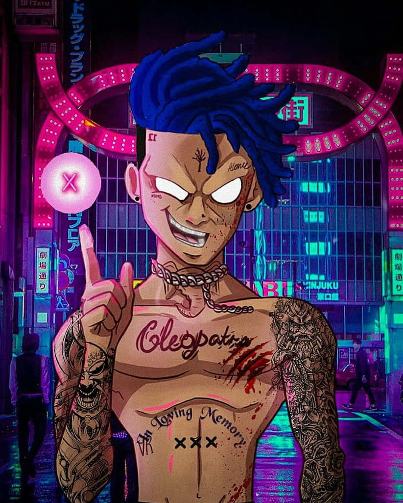A Cartoon Character With Blue Hair And Tattoos In A Neon City Wallpaper