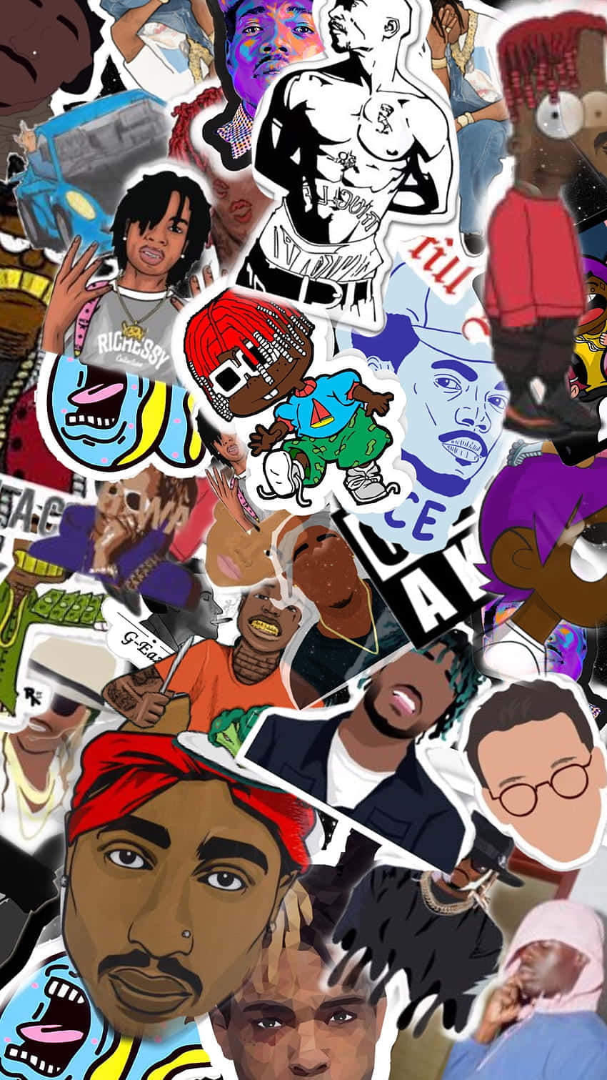 A Collage Of Various Rappers And Cartoon Characters Wallpaper