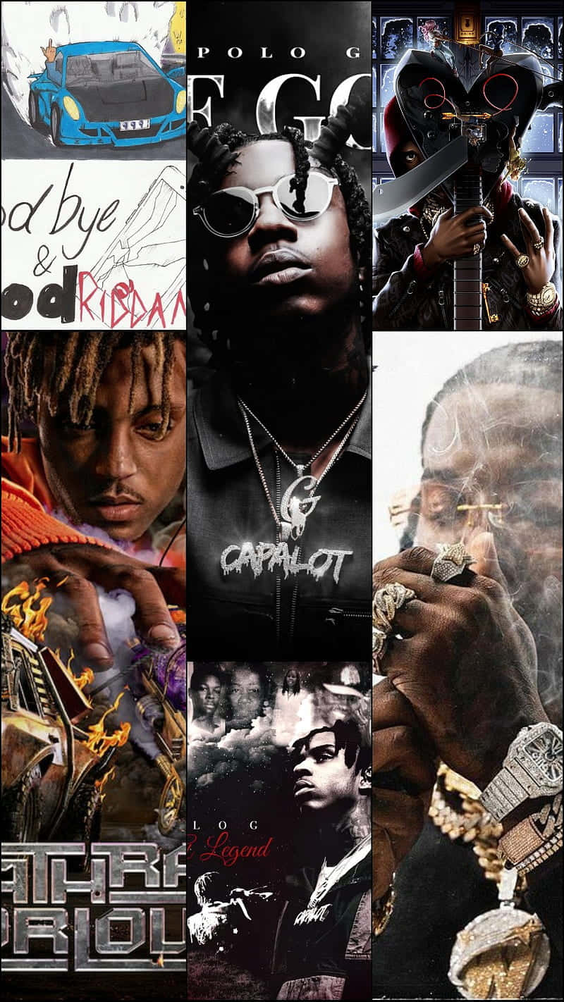 En kollage af forskellige rappere og deres musik. Wallpaper