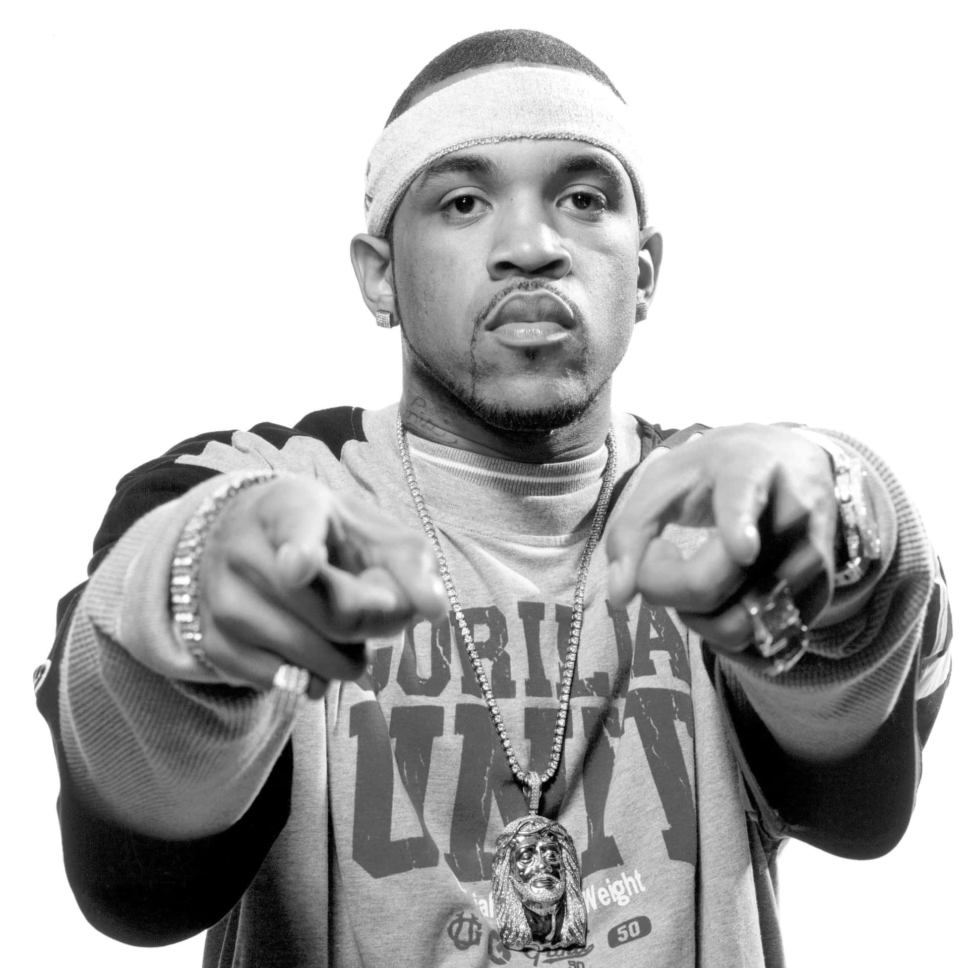Rapper Pointing Blackand White Portrait Wallpaper