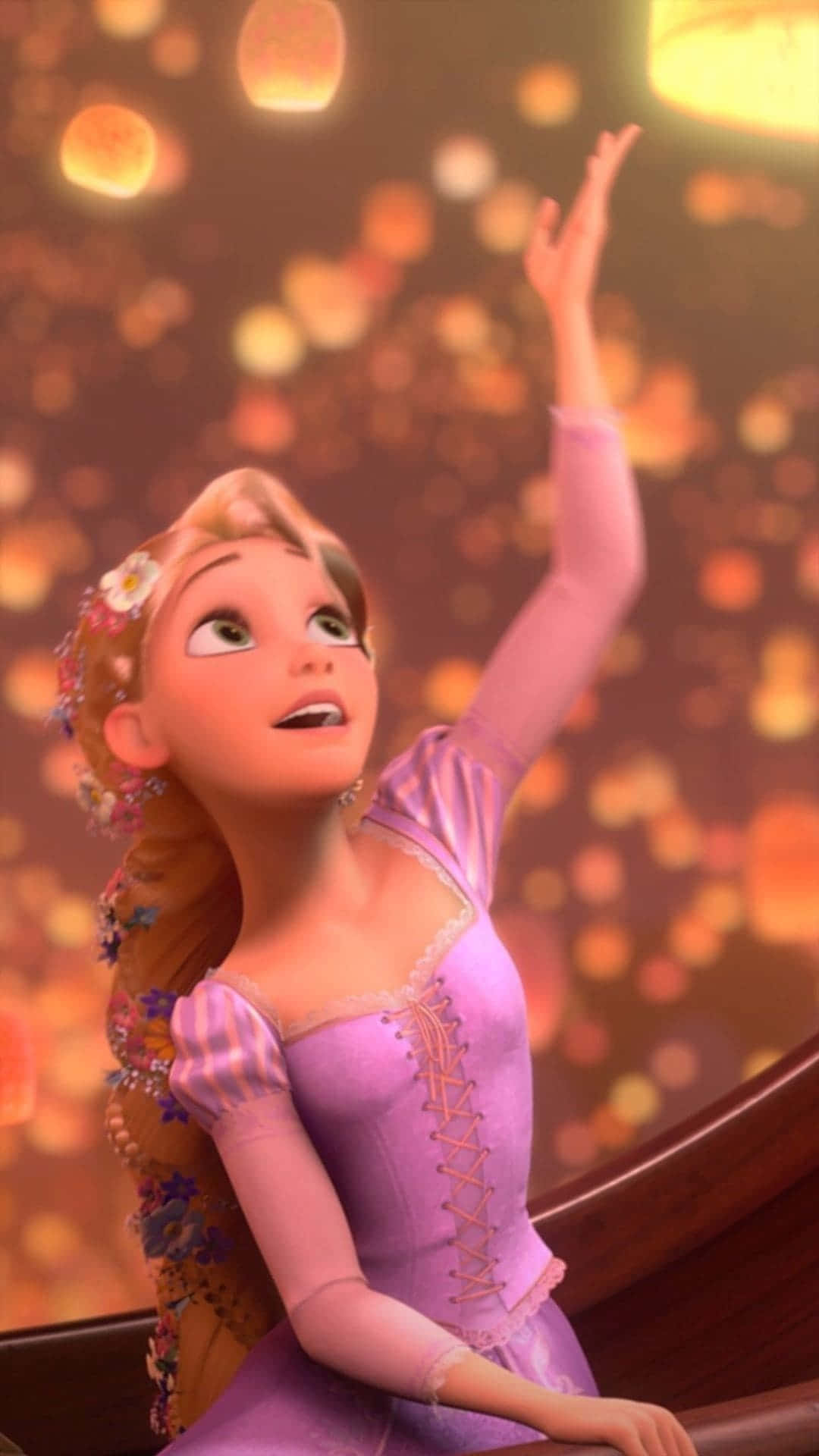 Rapunzel with her long golden hair atop the tower